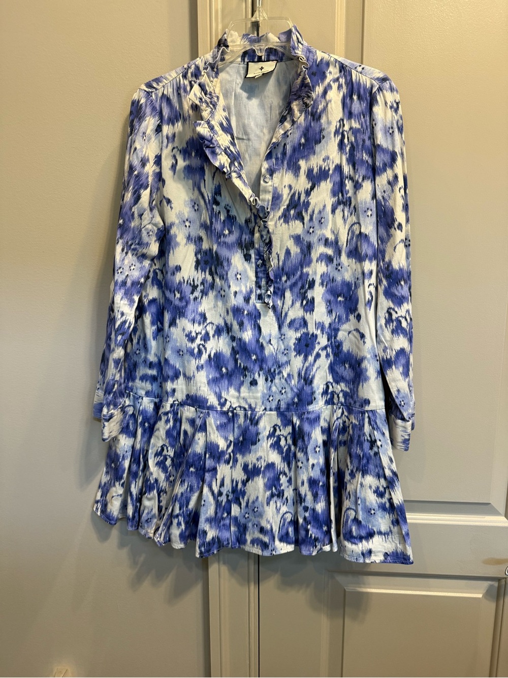 Tuckernuck Blue and White Long Sleeve Ruffle Hem Dress
